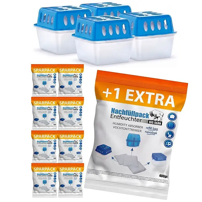 BigDean Luftentfeuchter-Set 4 Stk, Weiß -  - Blau-weiße Luftentfeuchterbehälter mit 400g Nachfüllbeuteln.