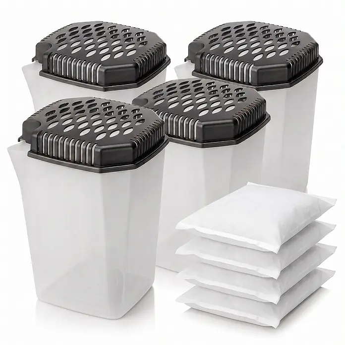 BigDean 4 x Luftentfeuchter-Nachfüllpack 4 Stk., 680 g -  - Vier durchsichtige weiße Entfeuchterbehälter mit schwarzen Gitterdeckeln und fünf weißen Nachfüllbeuteln.