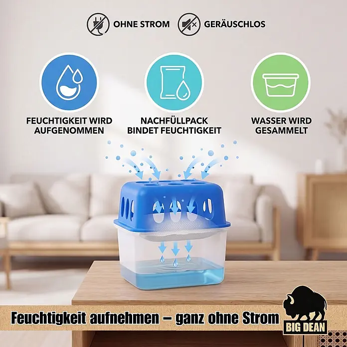 BigDean Luftentfeuchter-Set 4 Stk, Weiß -  - Blauer und transparenter, stromloser Luftentfeuchter auf Holztisch, der Feuchtigkeit aufnimmt und geräuschlos Wasser sammelt.
