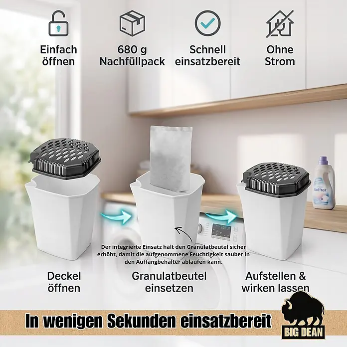 BigDean 4 x Luftentfeuchter-Nachfüllpack 4 Stk., 680 g -  - Weißer Luftentfeuchter mit schwarzem Deckel, der seine schnelle Montage mit Nachfüllbeutel in drei Schritten demonstriert.