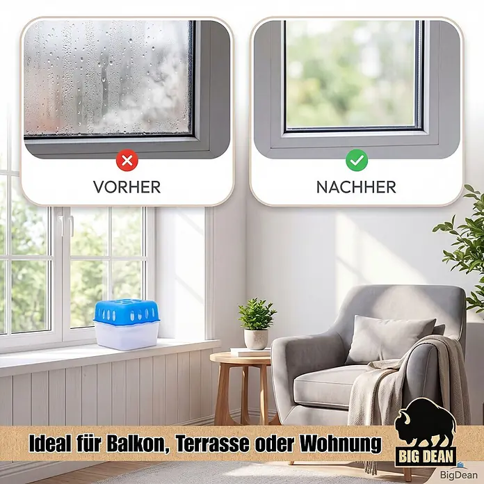 BigDean Luftentfeuchter-Set 4 Stk, Weiß -  - Ein weiß-blauer Luftentfeuchter auf einer Fensterbank, der seine Wirkung gegen Fensterkondensation zeigt.