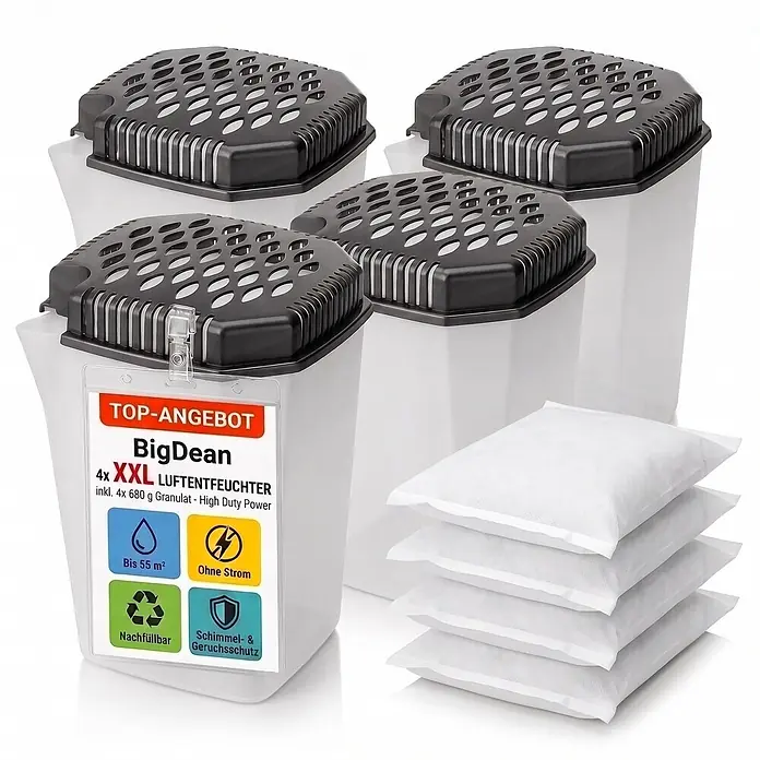 BigDean 4 x Luftentfeuchter-Nachfüllpack 4 Stk., 680 g -  - Vier weiße und schwarze Luftentfeuchter mit vier weißen Granulat-Nachfüllbeuteln zur Feuchtigkeitsaufnahme.