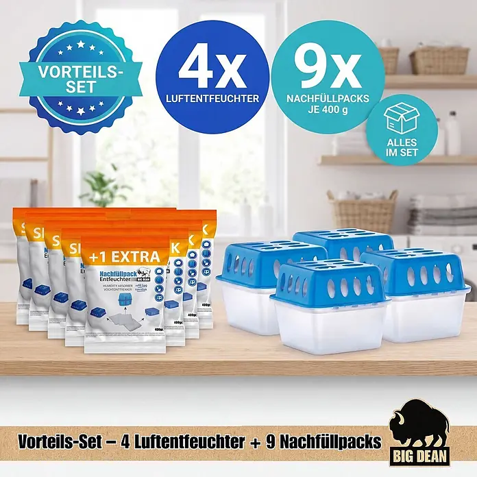 BigDean Luftentfeuchter-Set 4 Stk, Weiß -  - Vorteilspackung mit 4 blauen und weißen Luftentfeuchtern und 9 Nachfüllpacks zur Feuchtigkeitsaufnahme, auf Holzoberfläche präsentiert.
