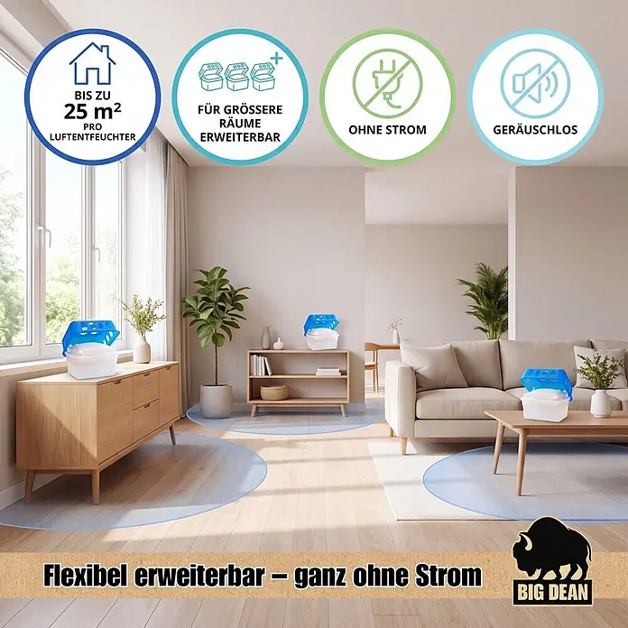 BigDean Luftentfeuchter-Set 4 Stk, Weiß -  - Blaue und weiße Luftentfeuchter in einem modernen Raum, leisen, stromfreien Betrieb und erweiterbare Abdeckung hervorhebend.
