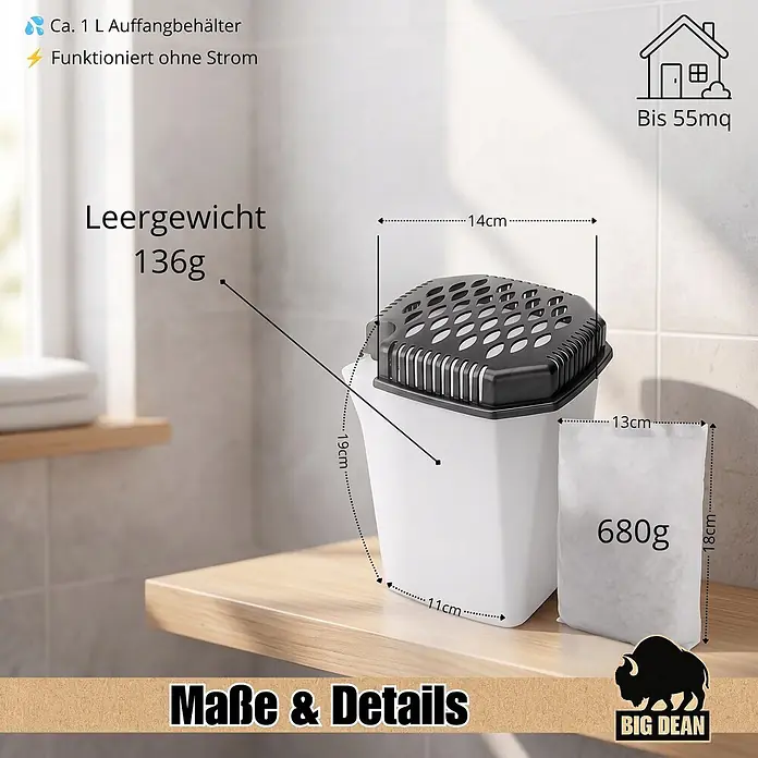 BigDean 4 x Luftentfeuchter-Nachfüllpack 4 Stk., 680 g -  - Weißer Luftentfeuchter mit schwarzem Deckel und 680g Nachfüllbeutel. Er hat 1L Fassungsvermögen und deckt bis zu 55qm ab.