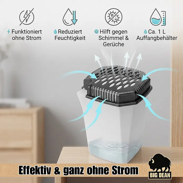 BigDean 4 x Luftentfeuchter-Nachfüllpack 4 Stk., 680 g -  - Weißer und schwarzer passiver Luftentfeuchter sammelt Wasser. Text: funktioniert ohne Strom, reduziert Feuchtigkeit, gegen Schimmel & Gerüche, 1L Tank.
