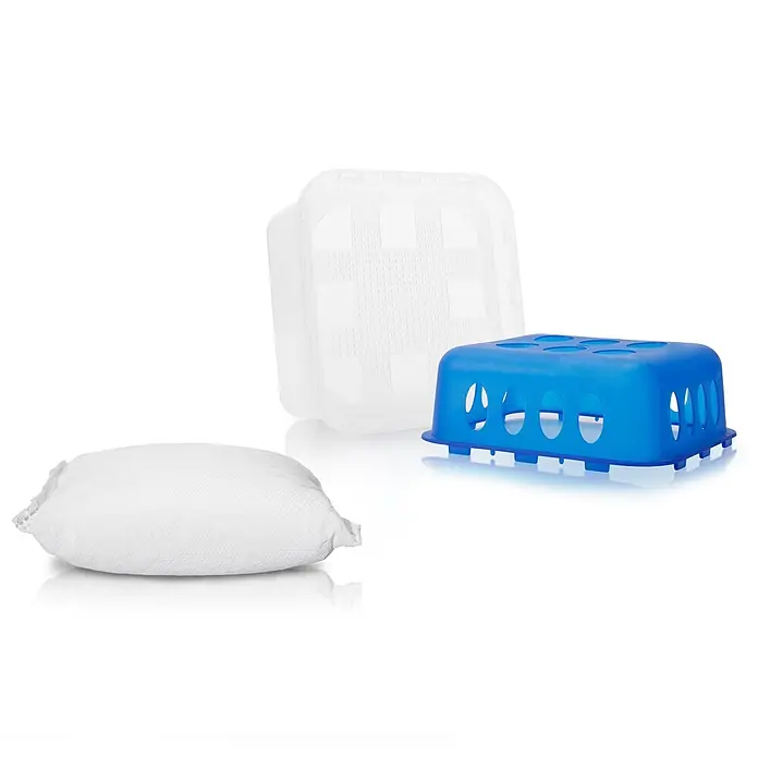 BigDean Luftentfeuchter-Set 4 Stk, Weiß -  - Feuchtigkeitsabsorber-Set mit weißem Trockenmittelbeutel, blauem Kunststoffgitter und transparentem Auffangbehälter.