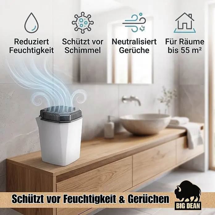 BigDean 4 x Luftentfeuchter-Nachfüllpack 4 Stk., 680 g -  - Weißer Luftentfeuchter mit schwarzem Deckel im modernen Badezimmer, der Dampf abgibt, um Feuchtigkeit zu reduzieren und Gerüche zu neutralisieren.