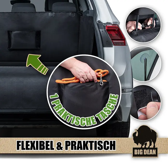 BigDean Luftentfeuchter-Nachfüllpack 6Stk., 400 g -  - Schwarzer Kofferraumschutz installiert, zeigt eine praktische Tasche, Schnallen, Saugnapf und Klettverschlüsse für flexible Anpassung.