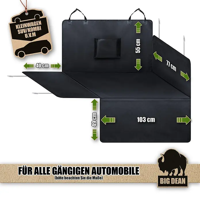 BigDean Luftentfeuchter-Nachfüllpack 6Stk., 400 g -  - Schwarze, entfaltete Kofferraumschutzmatte mit sichtbaren Maßen von 103 cm, 55 cm, 77 cm, 49 cm und 40 cm.