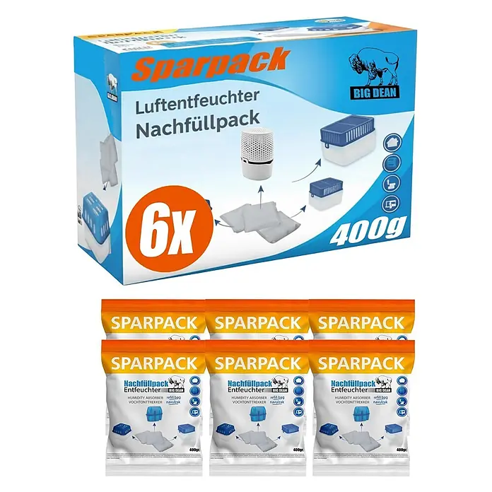 BigDean Luftentfeuchter-Nachfüllpack 6Stk., 400 g -  - Sparpack mit 6x 400g Luftentfeuchter Nachfüllbeuteln in blau-oranger Verpackung.