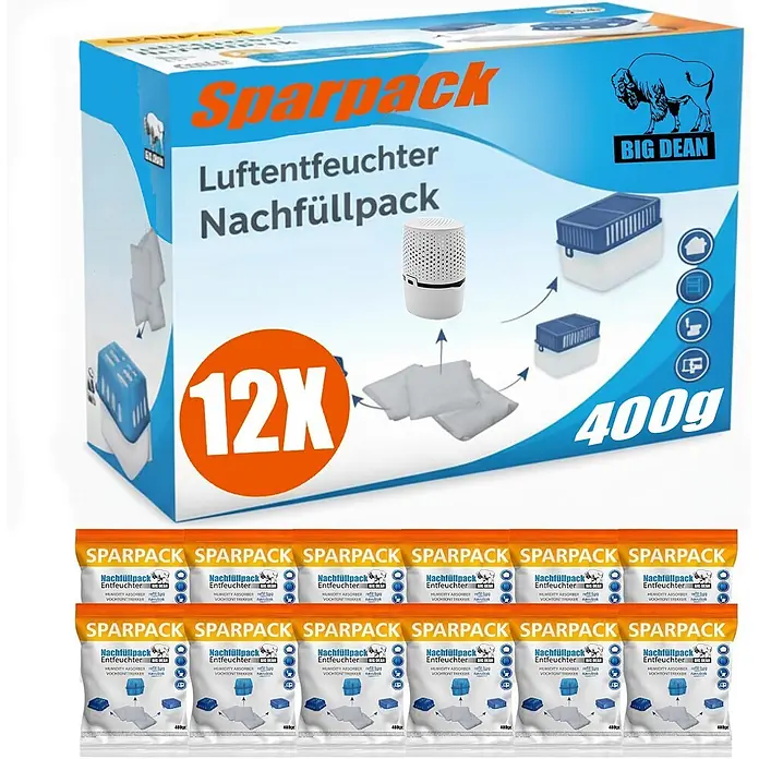 BigDean Luftentfeuchter-Nachfüllpack 12 Stk., 400 g -  - Eine blau-weiße Sparpack 12x 400g Luftentfeuchter-Nachfüllbox, darunter einzelne orange-weiße Päckchen.