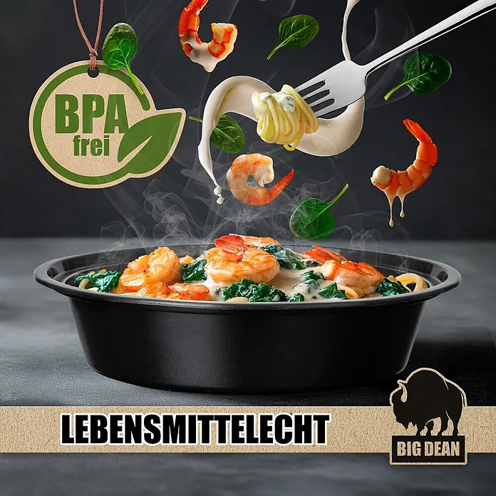 BigDean Luftentfeuchter Nachfüllpack 8 Stk., 680 g -  - Schwarze BPA-freie Lebensmittelverpackung mit Garnelen-Nudelgericht und schwebenden Zutaten. Kennzeichnung "Lebensmittelecht".
