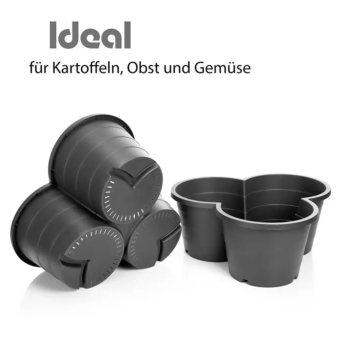 BigDean Luftentfeuchter-Nachfüllpack 12 Stk., 400 g -  - Dunkelgraue, stapelbare Kunststoff-Pflanzgefäße für Kartoffeln, Obst und Gemüse, einzeln und montiert dargestellt.