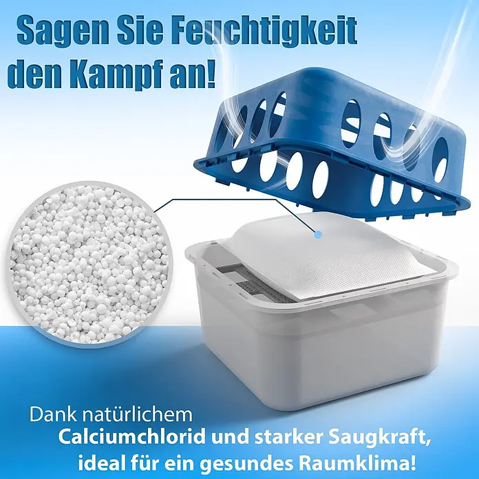 BigDean Luftentfeuchter-Set 5 Stck., Weiß -  - Weißer Luftentfeuchter mit blauem perforiertem Deckel, zeigt Calciumchlorid-Granulat und Feuchtigkeitsaufnahme in Aktion.