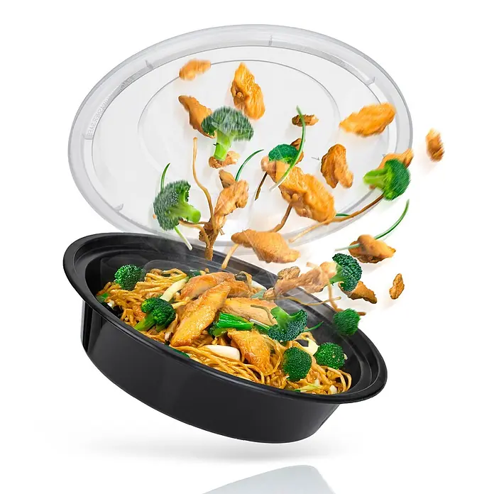 BigDean Luftentfeuchter Nachfüllpack 8 Stk., 680 g -  - Schwarzer Essensbehälter mit klarem Deckel, dynamisch gefüllt mit Chow-Mein-Nudeln, Hähnchen und Brokkoli.