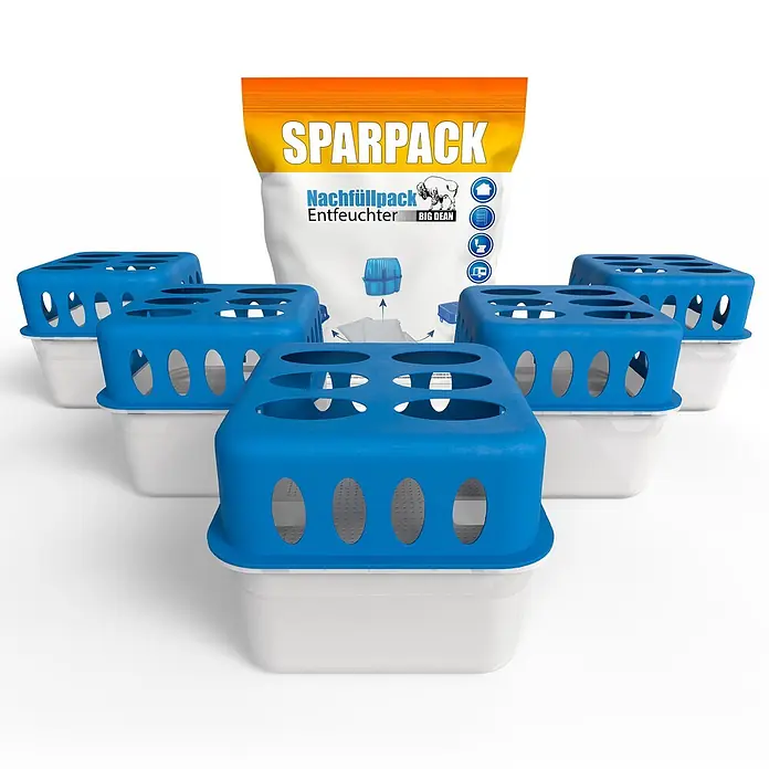 BigDean Luftentfeuchter-Set 5 Stck., Weiß -  - Blaue und weiße Kunststoff-Luftentfeuchterbehälter mit einem Nachfüllbeutel, beschriftet mit 'SPARPACK' und 'Nachfüllpack Entfeuchter'.