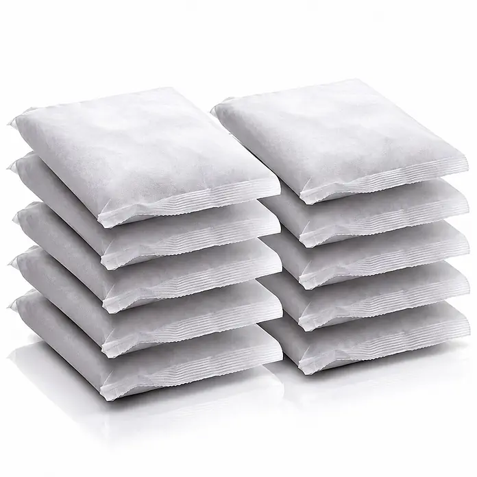 BigDean Luftentfeuchter Nachfüllpack 8 Stk., 680 g -  - Zwei Stapel weißer, rechteckiger Stoffbeutel, zur Absorption oder für Frische.