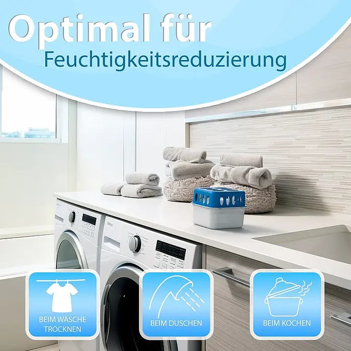 BigDean Luftentfeuchter-Set 5 Stck., Weiß -  - Ein blau-weißer Luftentfeuchter auf einer Arbeitsplatte in einem modernen Waschraum, der Feuchtigkeit beim Wäschetrocknen, Duschen und Kochen reduziert.