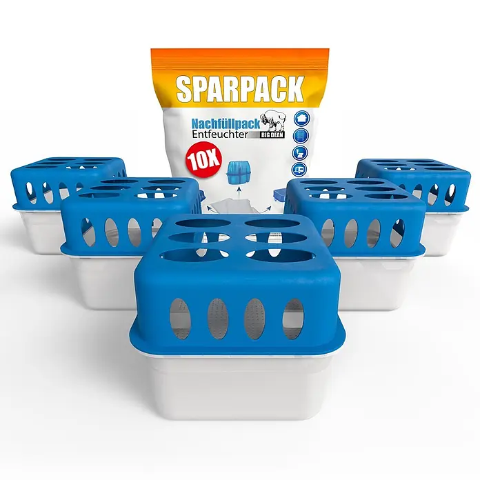 BigDean Luftentfeuchter-Set 5 Stck., Weiß -  - Big Dean Sparpack Nachfüllbeutel Entfeuchter (10X) mit fünf blau-weißen Entfeuchterbehältern.