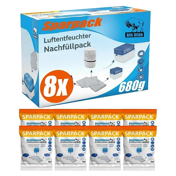 BigDean Luftentfeuchter Nachfüllpack 8 Stk., 680 g -  - Blaue und weiße 'Sparpack' Box für Luftentfeuchter-Nachfüllpacks, beschriftet mit 'BIG DEAN'. Acht einzelne orange-weiße Nachfüllbeutel abgebildet.