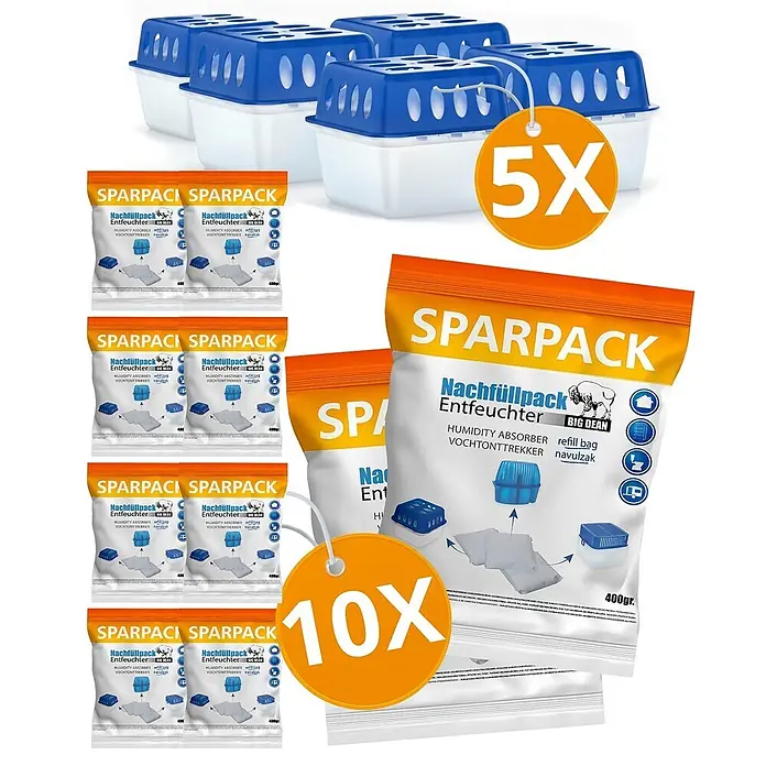 BigDean Luftentfeuchter-Set 5 Stck., Weiß -  - Fünf blaue und weiße Luftentfeuchterbehälter mit mehreren orange-weißen Nachfüllbeuteln.