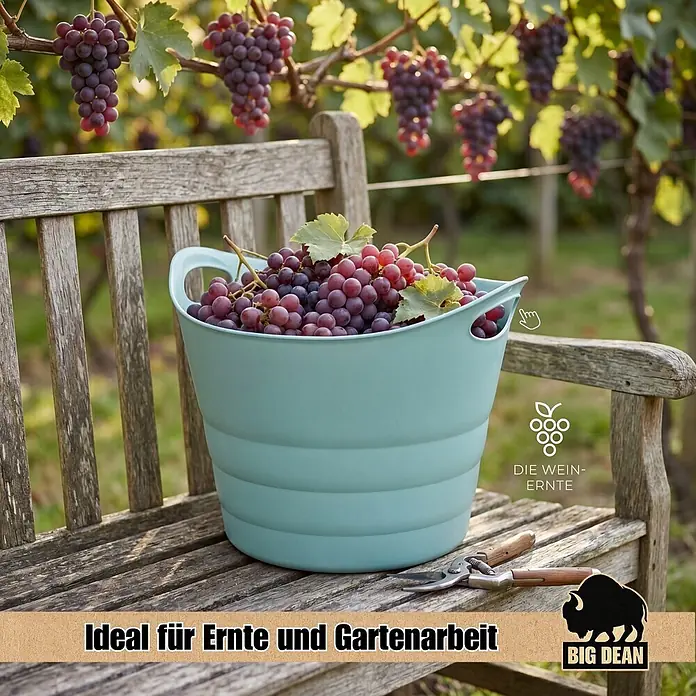BigDean Luftentfeuchter Nachfüllpack 8 Stk., 680 g -  - Hellgrüner, flexibler Erntetrog, gefüllt mit roten Trauben, auf einer Holzbank.