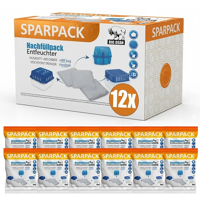 BigDean Luftentfeuchter-Nachfüllpack 12 Stk., 400 g -  - Sparpack mit 12 Big Dean Feuchtigkeitsentzieher Nachfüllbeuteln in orangefarbener Verpackung, mit Anwendungsbeispielen.