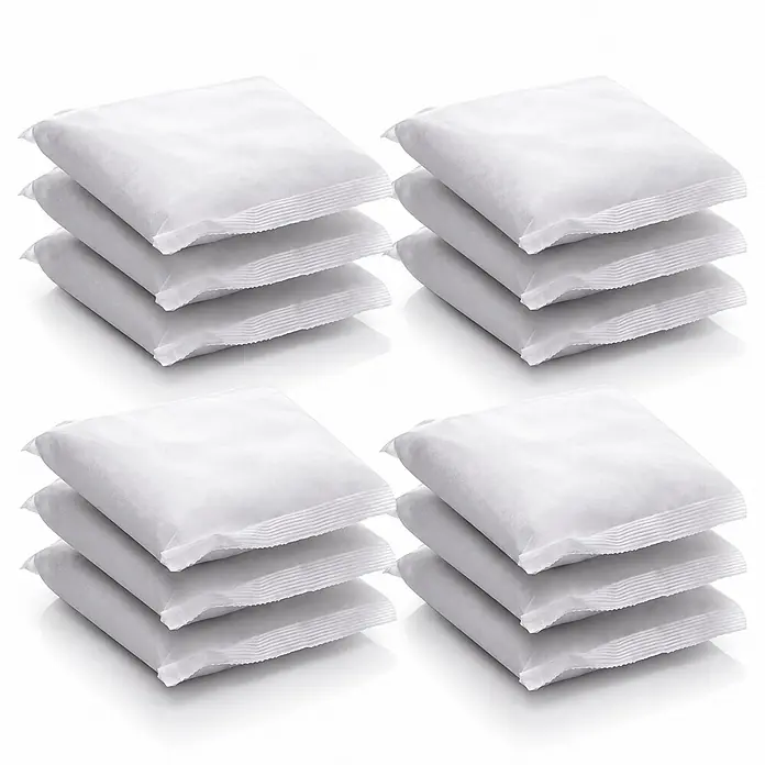 BigDean Luftentfeuchter-Nachfüllpack 12 Stk., 400 g -  - Vier Stapel weißer, quadratischer Beutel, jeder Stapel mit vier weichen, versiegelten Säckchen.
