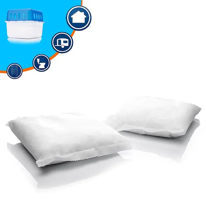 BigDean Luftentfeuchter-Nachfüllpack 12 Stk., 400 g -  - Blauer und weißer Luftentfeuchterbehälter mit zwei weißen Nachfüllbeuteln, ideal zur Entfeuchtung verschiedener Räume wie Zuhause oder Wohnwagen.