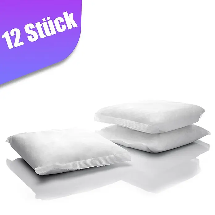 BigDean Luftentfeuchter-Nachfüllpack 12 Stk., 400 g -  - Mehrere weiße, gefüllte quadratische Beutel, mit einem lila Etikett, das "12 Stück" anzeigt.