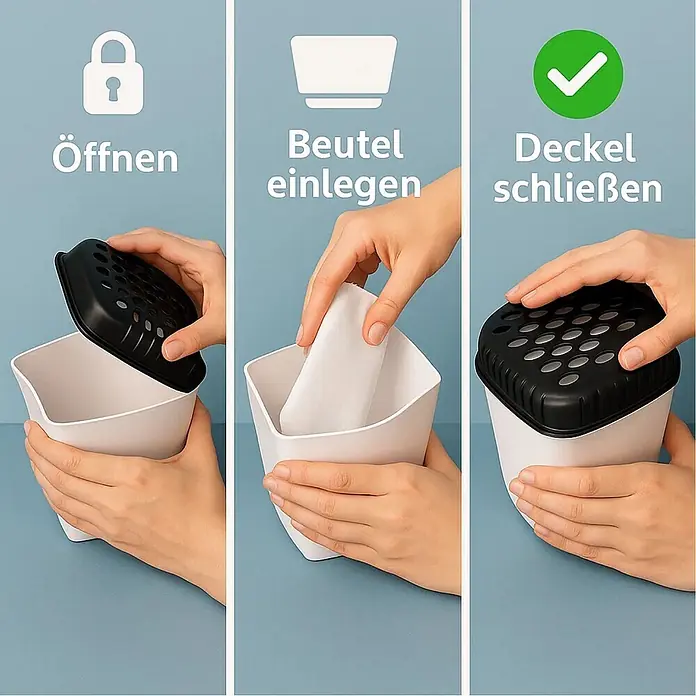 BigDean Luftentfeuchter-Nachfüllpack 8 Stk., 680 g -  - Drei-Schritt-Anleitung: Öffnen eines weißen Luftentfeuchters mit schwarzem Deckel, Einlegen eines weißen Absorberbeutels und Schließen des Deckels.