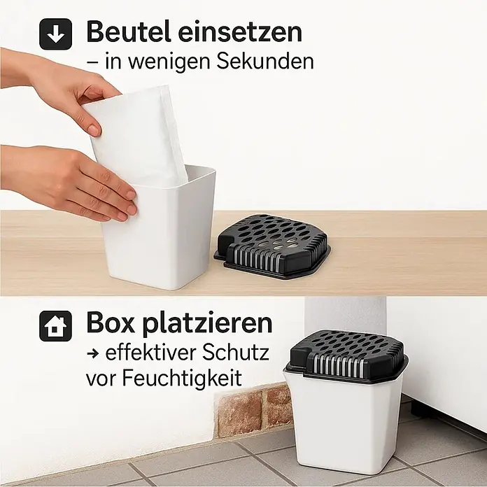 BigDean Luftentfeuchter-Nachfüllpack 8 Stk., 680 g -  - Hände legen einen weißen Feuchtigkeitsabsorberbeutel in einen weißen Behälter; der Behälter mit schwarzem Lochdeckel steht auf dem Boden zum Feuchtigkeitsschutz.