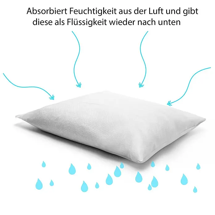 BigDean Luftentfeuchter-Nachfüllpack 4 Stk., 680 g -  - Weißer Luftentfeuchter-Beutel, der Feuchtigkeitsaufnahme aus der Luft und Flüssigkeitsabgabe zeigt.
