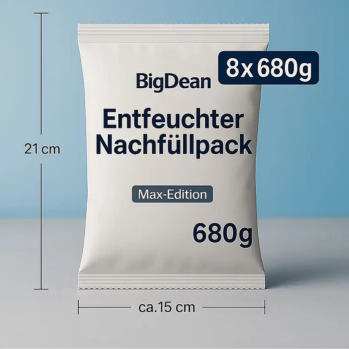 BigDean Luftentfeuchter-Nachfüllpack 8 Stk., 680 g -  - Weißer Big Dean Entfeuchter Nachfüllpack (Max-Edition), 680g, 21 cm hoch und ca. 15 cm breit. Ein Etikett zeigt auch '8x 680g'.