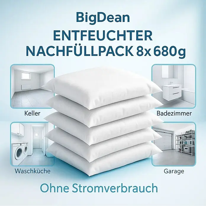 BigDean Luftentfeuchter-Nachfüllpack 8 Stk., 680 g -  - Stapel weißer Entfeuchter-Nachfüllpacks, gezeigt mit Anwendungsbeispielen: Keller, Bad, Waschküche, Garage. Ohne Stromverbrauch.