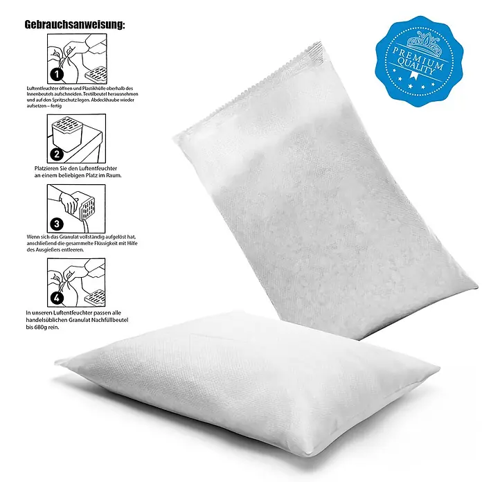 BigDean Luftentfeuchter-Nachfüllpack 4 Stk., 680 g -  - Zwei weiße Textil-Luftentfeuchter-Nachfüllbeutel, gezeigt mit deutscher Gebrauchsanweisung und einem „Premium Quality“-Siegel.