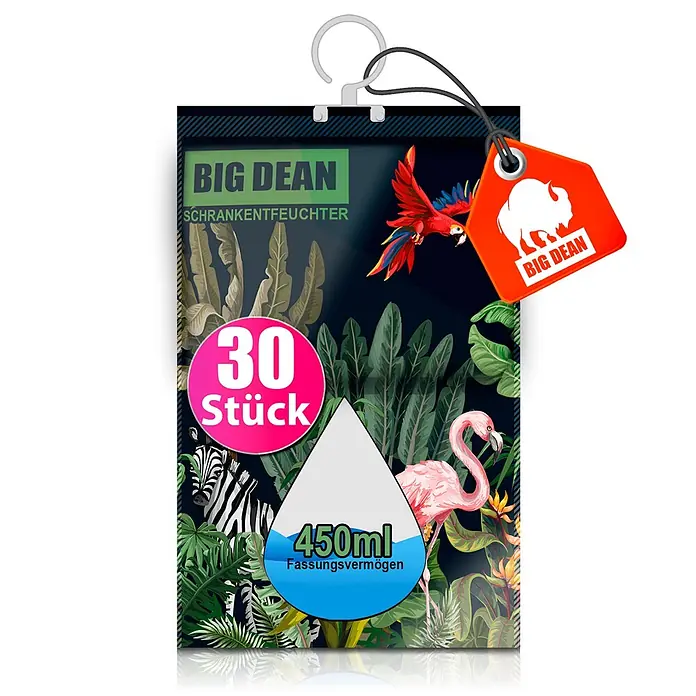 BigDean Luftentfeuchter-Set 30 Stk, Mehrfarbig -  - BIG DEAN Schrankentfeuchter, 30 Stück, 450ml, tropisches Design mit Papagei, Flamingo und Zebra. Hängebeutel mit rotem Markenanhänger.