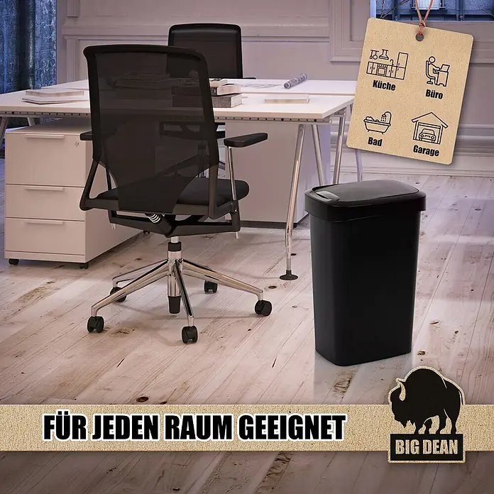 BigDean Luftentfeuchter Nachfüllpack 4 Stk., 680g -  - Schwarzer rechteckiger Mülleimer mit Deckel, im Büro abgebildet, passend für verschiedene Räume.