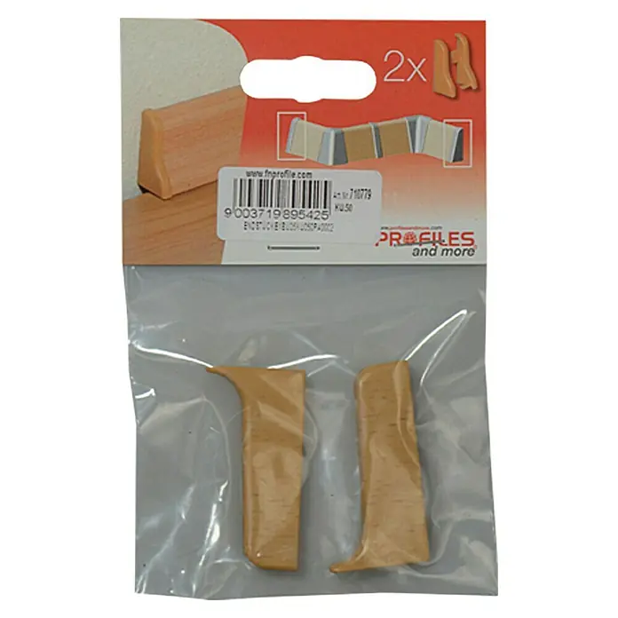 Profiles and more Endkappe KU050 - Buche, 2 Stk. - Verpackung von zwei Holz-Eckstücken für Fussleisten, passend zu Holz-Dekoren. Perfekt für saubere Übergänge und Abschlüsse.