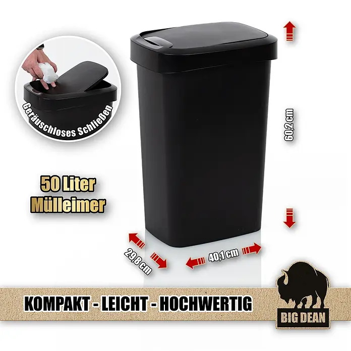 BigDean Luftentfeuchter Nachfüllpack 4 Stk., 680g -  - Schwarzer 50-Liter-Mülleimer mit geräuschlos schließendem Deckel. Maße: 60,2x40,1x29,8 cm.