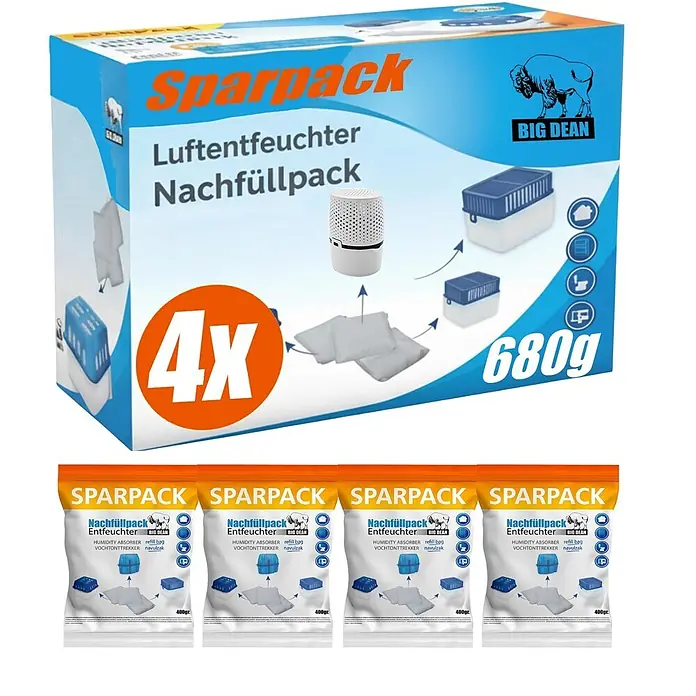 BigDean Luftentfeuchter Nachfüllpack 4 Stk., 680g -  - Sparpack Big Dean Luftentfeuchter Nachfüllpackung mit vier einzelnen Beuteln.
