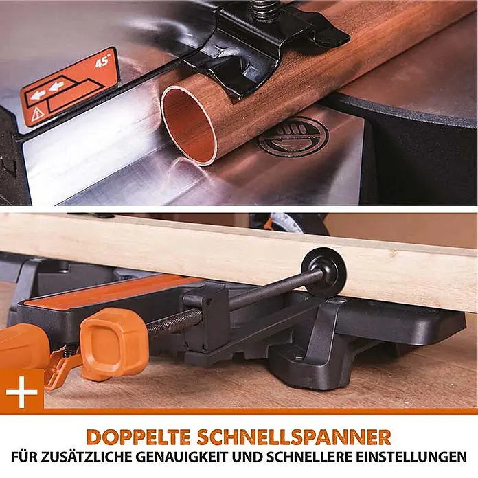 Evolution R255SMS+ Set, Zug-Kapp- und Gehrungssäge 255 mm, TCT-Blatt -  - Gehrungssäge mit Doppel-Schnellspannern, die Kupferrohr und Holz sicher für präzise Schnitte fixieren.