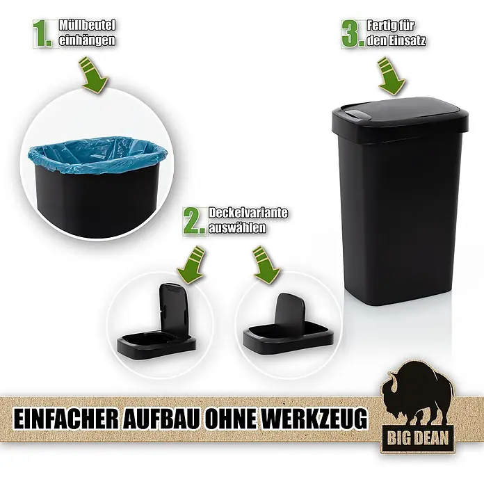 BigDean Luftentfeuchter Nachfüllpack 4 Stk., 680g -  - Schwarzer Mülleimer mit austauschbaren Deckeloptionen und blauem Müllbeutel, einfache, werkzeuglose Montage zeigend.