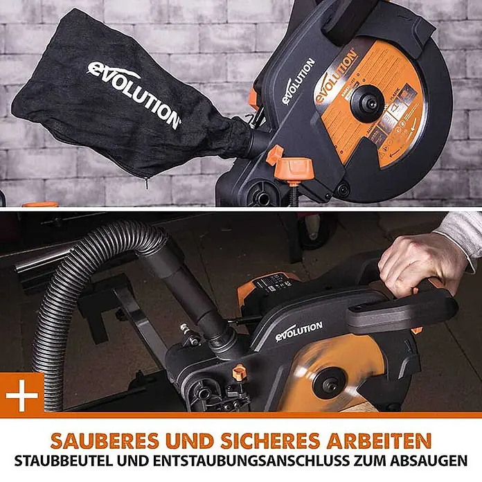 Evolution R255SMS+ Set, Zug-Kapp- und Gehrungssäge 255 mm, TCT-Blatt -  - Schwarze und orangefarbene Evolution Kappsäge mit Staubfangsack und angeschlossenem Staubsaugerschlauch.