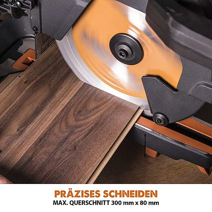 Evolution R255SMS+ Set, Zug-Kapp- und Gehrungssäge 255 mm, TCT-Blatt -  - Kapp- und Gehrungssäge mit rotierendem Sägeblatt schneidet dunkles Holzlaminat.