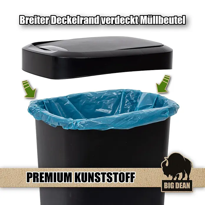 BigDean Luftentfeuchter Nachfüllpack 4 Stk., 680g -  - Schwarzer Mülleimer mit blauem Müllbeutel. Sein breiter Deckel aus Premium-Kunststoff verbirgt den Beutel für eine saubere Optik.