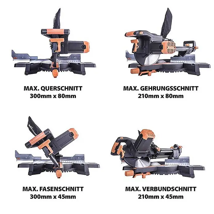 Evolution R255SMS+ Set, Zug-Kapp- und Gehrungssäge 255 mm, TCT-Blatt -  - Schwarz-orange Kappsäge in vier Ansichten, demonstriert Quer-, Gehrungs-, Fasen- und Verbundschnitte.