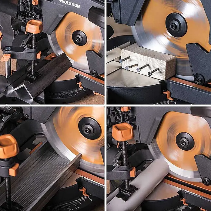 Evolution R255SMS+ Set, Zug-Kapp- und Gehrungssäge 255 mm, TCT-Blatt -  - Nahaufnahme einer schwarz-orangen Kappsäge, die Metall, Holz mit Nägeln und ein Kunststoffrohr schneidet, was ihre Vielseitigkeit zeigt.