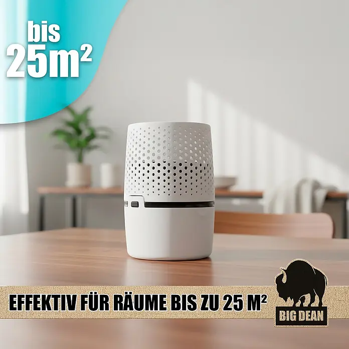 BigDean Luftentfeuchter-Nachfüllpack 2 Stk., 680 g -  - Weiß-schwarzer Luftreiniger auf Holztisch, effektiv für Räume bis 25m². Marke BIG DEAN.